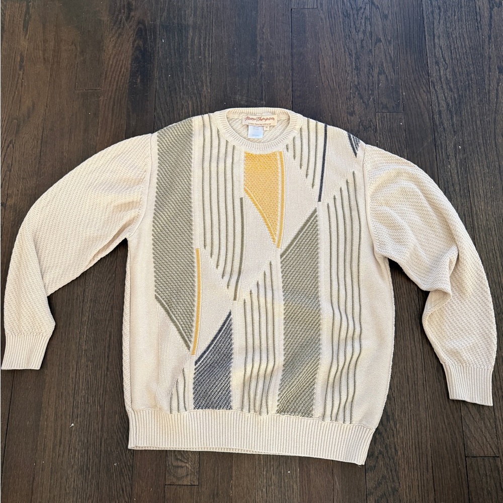Vintage Norm Thompson Men's Cream and Gray Patterned Sweater